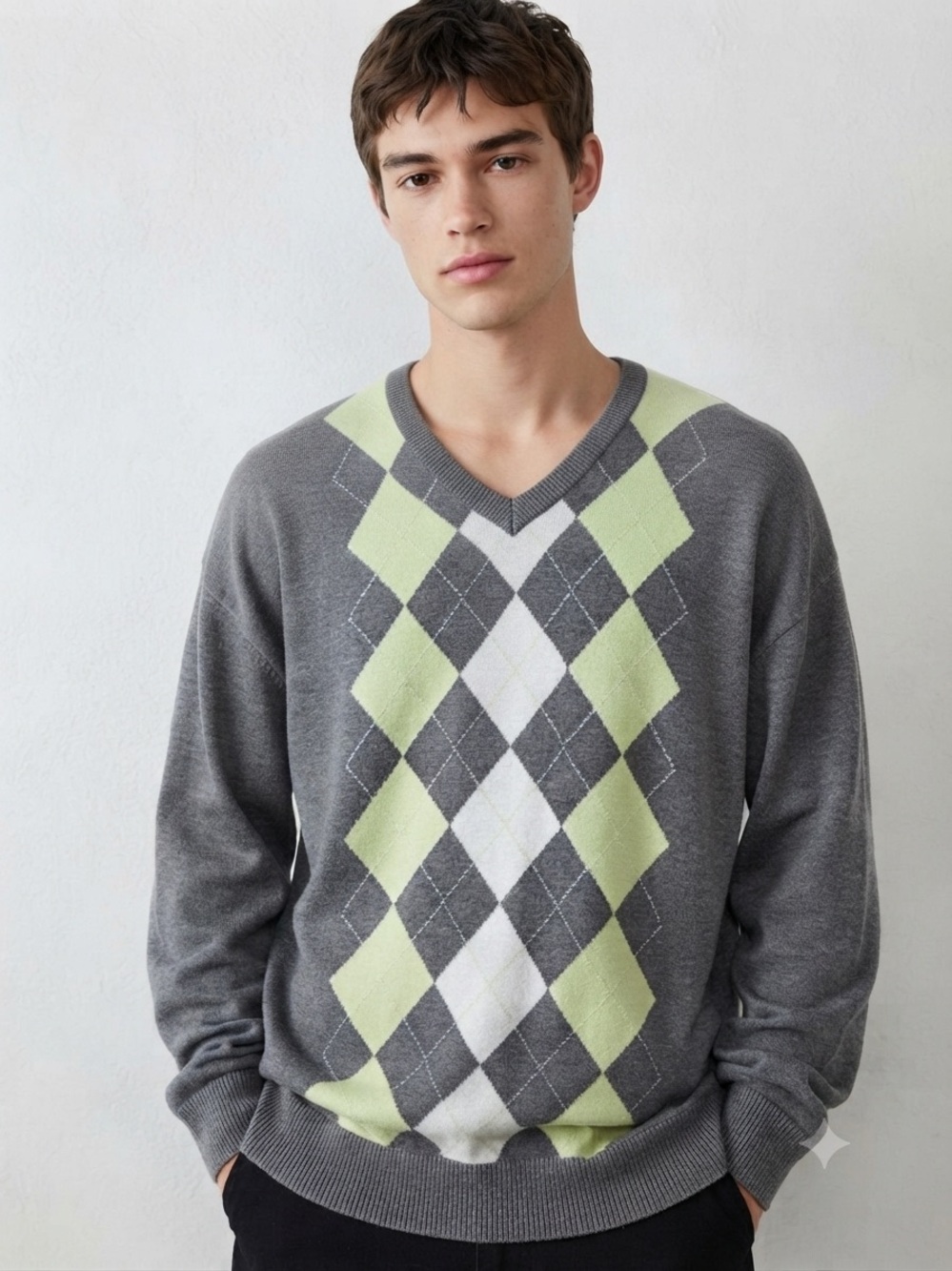 BDG Men's Gray, Lime & White Argyle V-Neck Sweater NWT Unisex Size Large